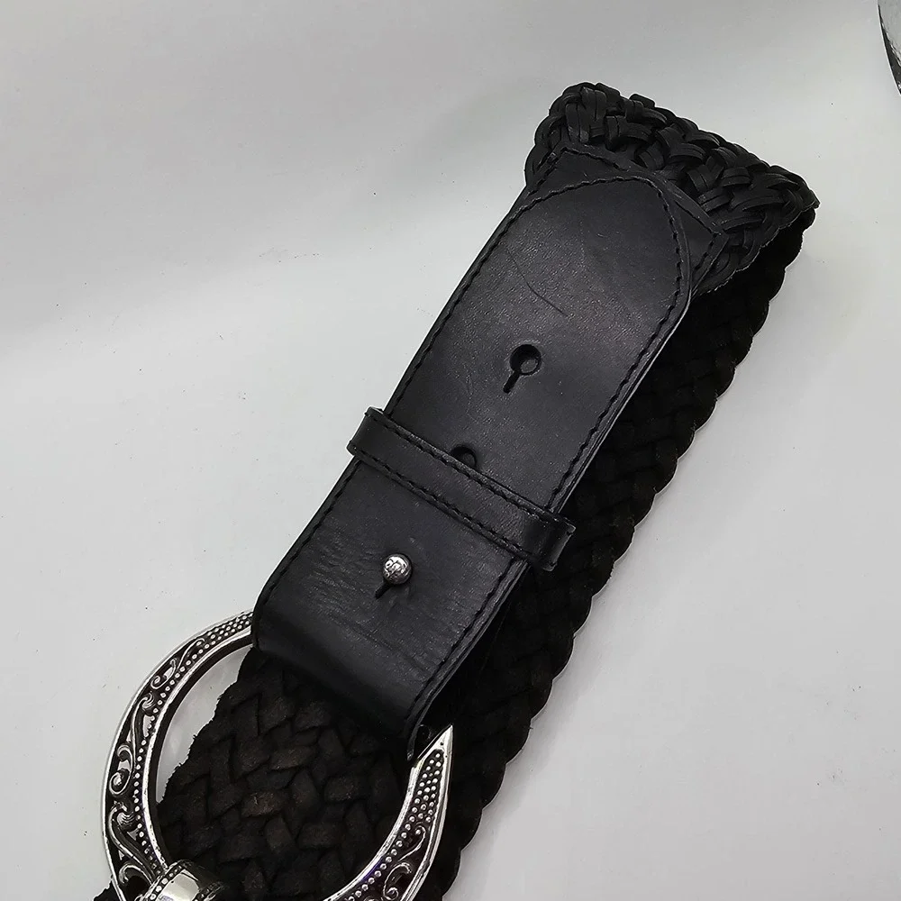 Brighton Braided‎ Leather Belt Black Horseshoe Heart Buckle Womens ML 32